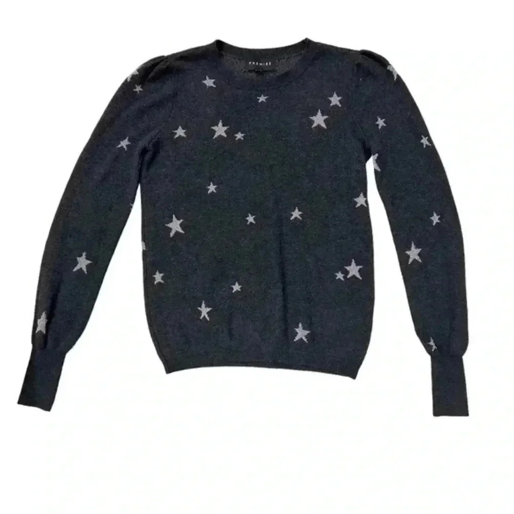 Premise XS Gray Black Metallic Silver Star Twist Knit Crewneck Sweater long